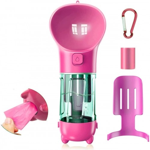 Tigela de água portátil Edipets com dispensador de sacos, rosa, para cães.