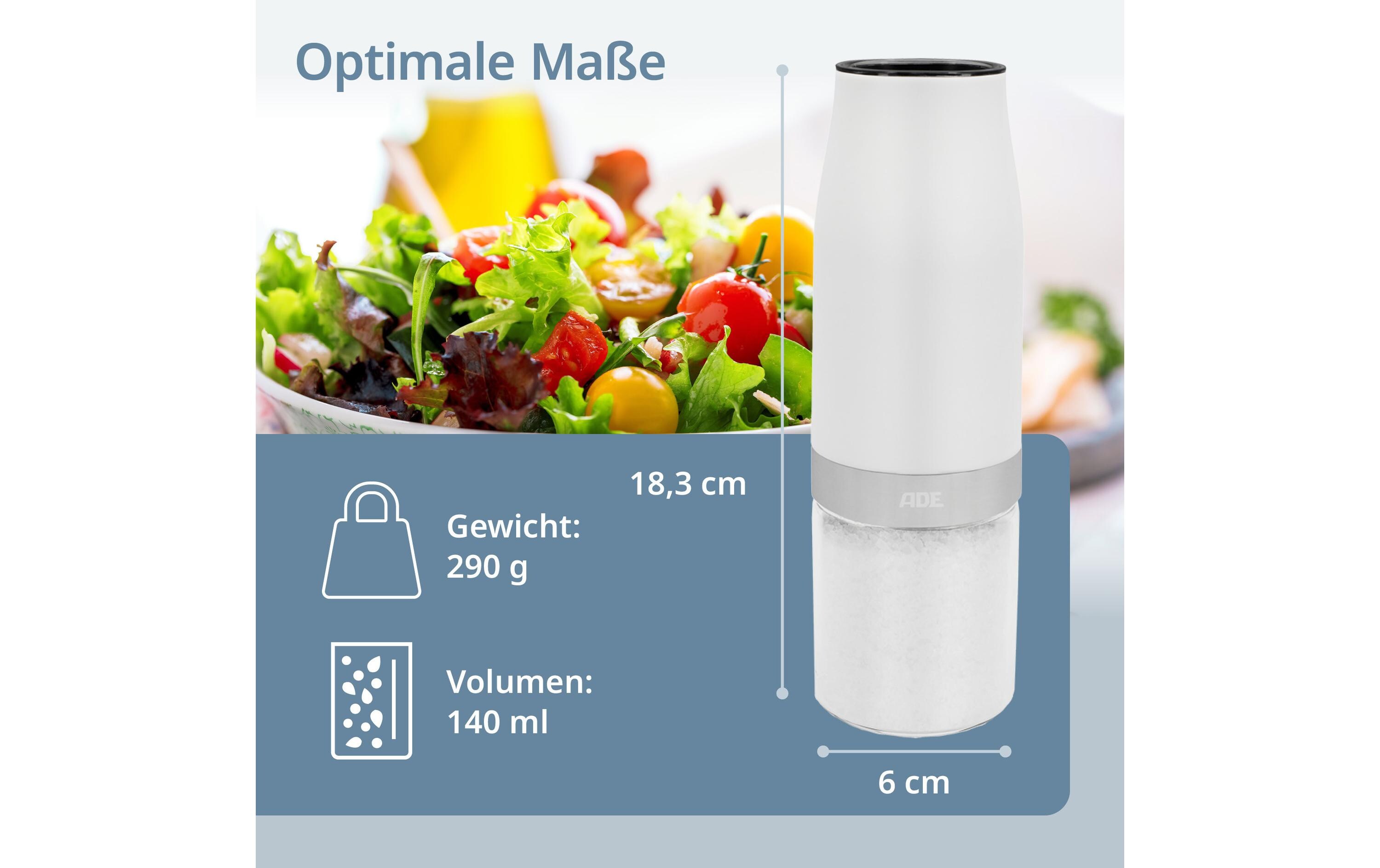 Salz- und Pfeffermühle 18.3 cm, WeissElektrische Salz- und Pfeffermühle mit Kipp-Sensor