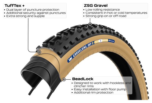 Pneu Gravel Panaracer GravelKing EXT  700 mm Tubeless Ready Souple ZSG Gravel Compound BeadLock TuffTex  Noir Flancs Beiges