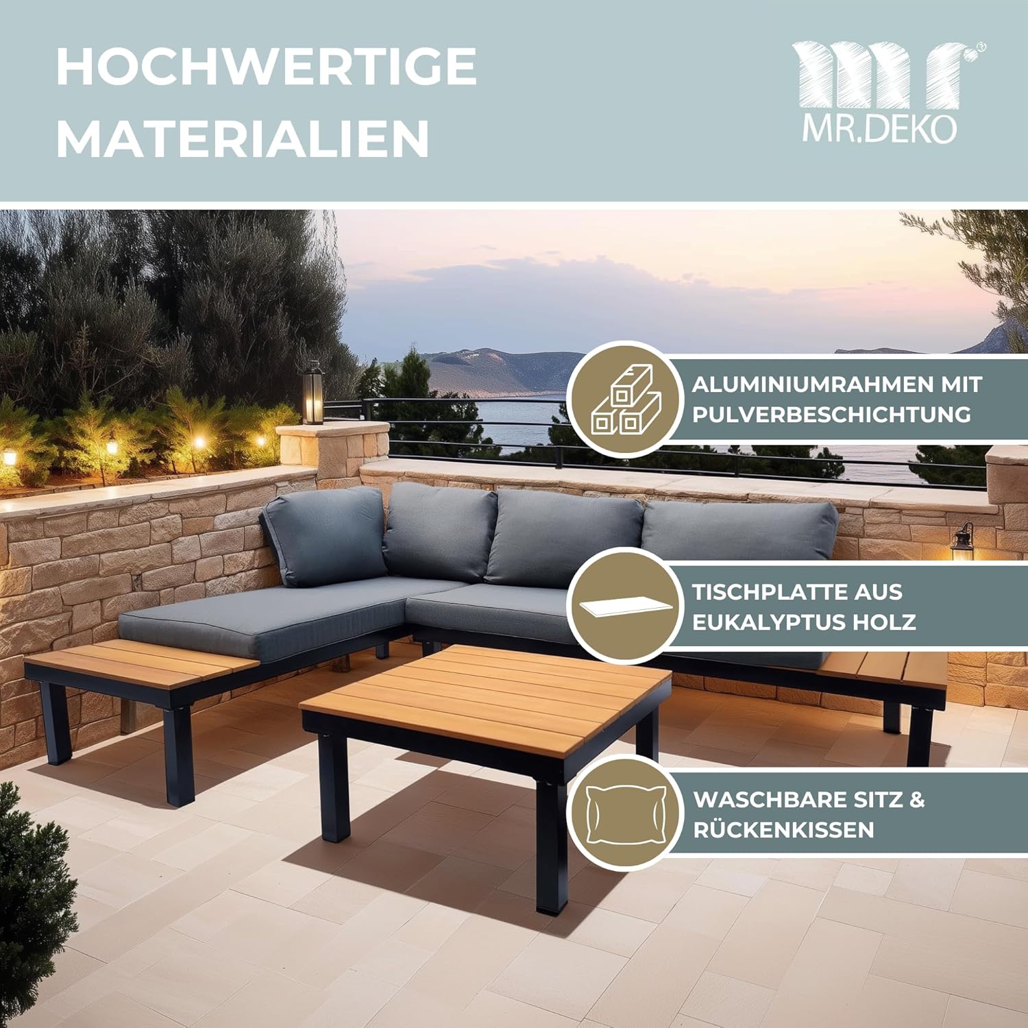 Gartenmöbel Lounge Set Noja, Eukalyptusholz, Aluminium, Naturfarben, mit Tisch und Kissen | Sitzecke aus Holz und Aluminium | Möbel wetterfest für Balkon, Garten, Terrasse