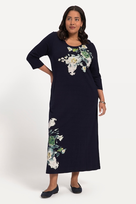 Jerseykleid, A-Line, Blüten, Taschen, Rundhals, 3/4-Arm