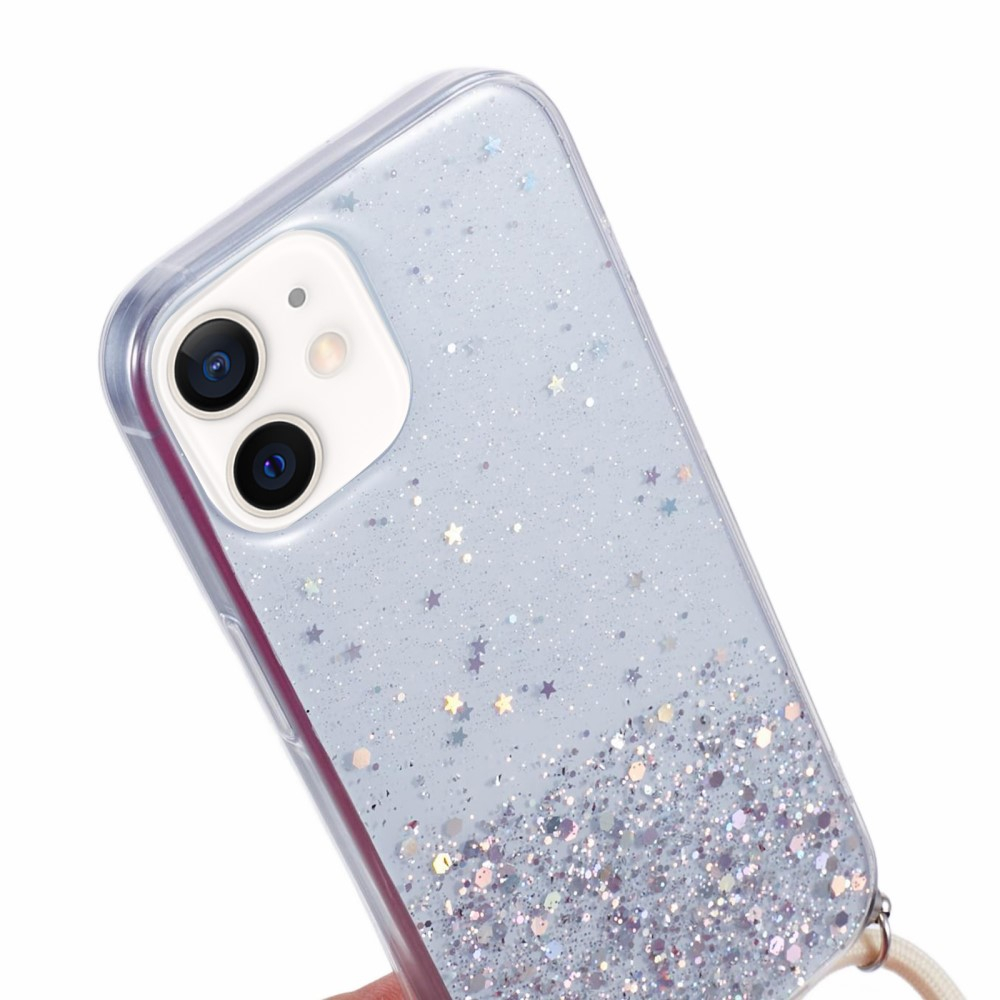 iPhone 12 / iPhone 12 Pro Necklace Gummi Hülle im Glitzer Design   Handykette (140cm) - Weiss / Transparent