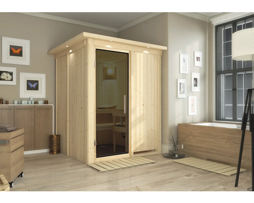 Plug & Play Sauna Karibu Achat I zonder kachel, met dakrand en grafietkleurige volledig glazen deur