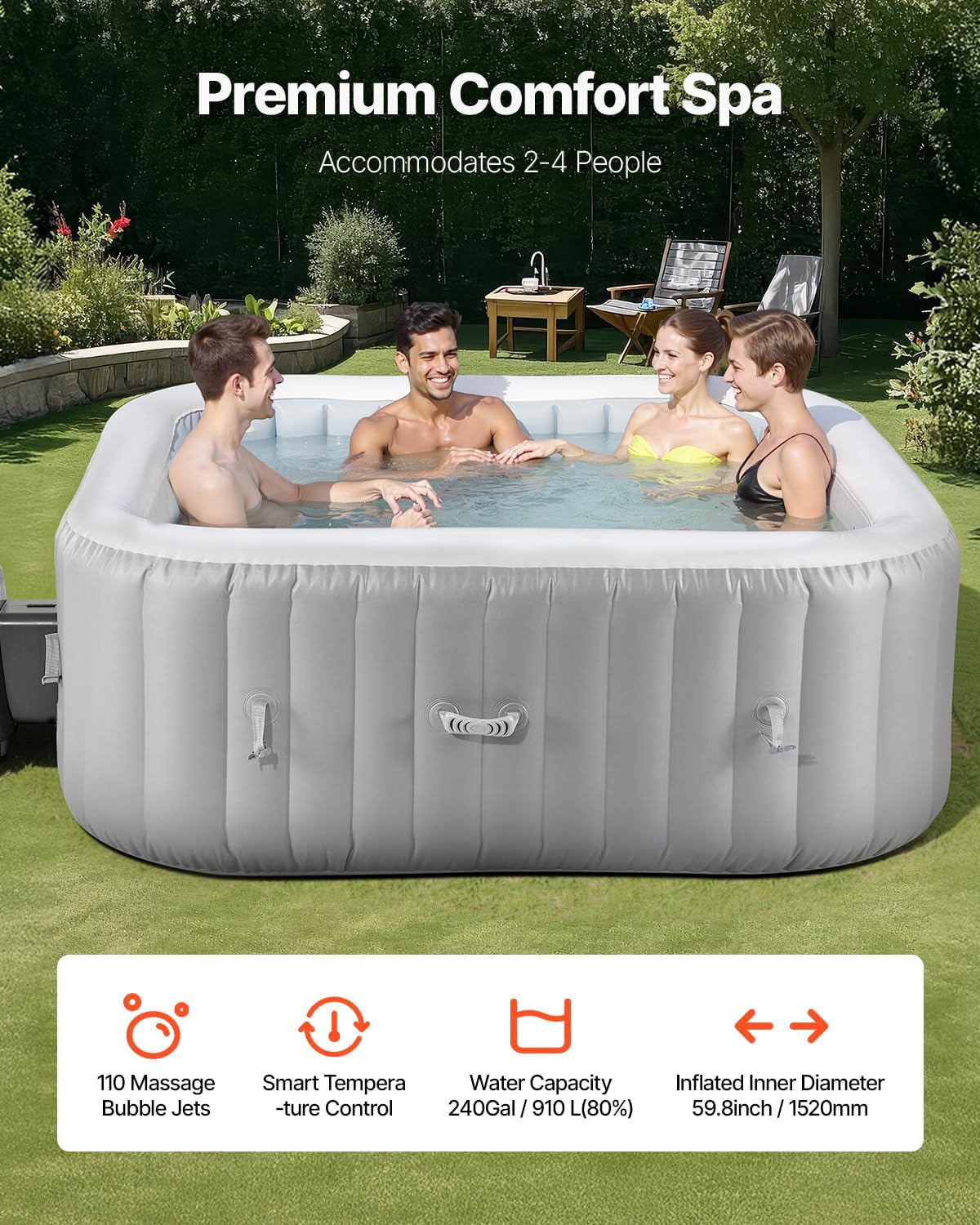 VEVOR aufblasbare Badewanne für 4 bis 6 Personen (185 x 66 cm), quadratisch & tragbar, mit 130 wohltuenden Düsen & Filter & Abdeckung & Matte & multifunktionalem Bedienfeld, PVC Spa-Pool Outdoor
