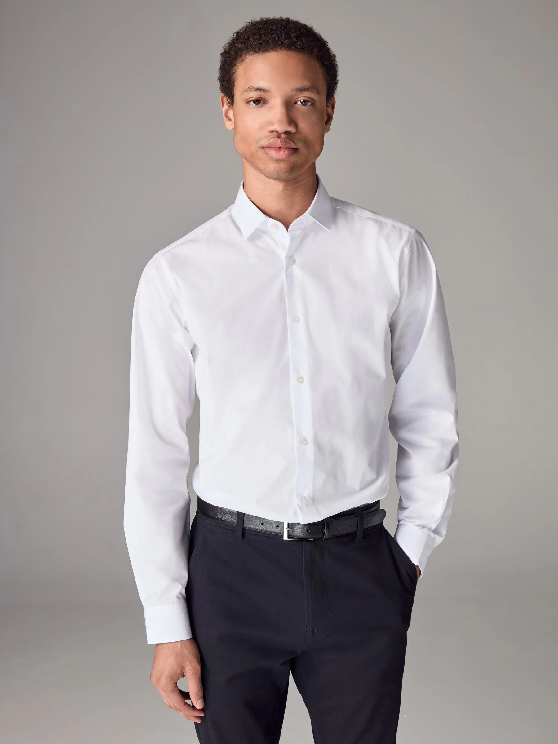Wit - Slim Fit - Strijkvrij net overhemd met enkele manchet