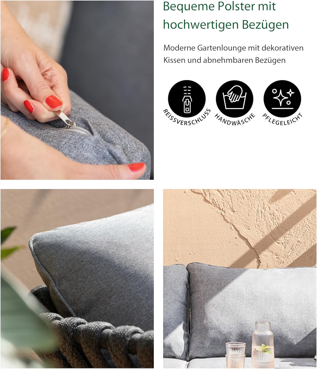 Dehner Garten-Lounge Granada, 4-teilige Outdoor Sitzgruppe, 1x Sofa / 2X Sessel, je inkl. Polster, 1x Tisch, Aluminium/FSC® zertifiziertes Teakholz/Polyester, braun/grau