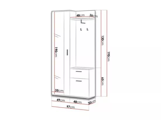 Meuble d'entrée Stanton 103, 195x97x30cm, Miroir, Blanc|Sonoma chêne, Stratifié, À poser