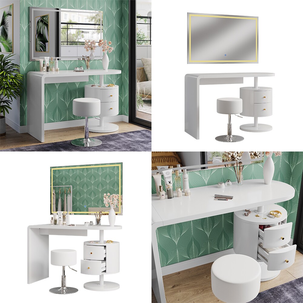 Vicco Schminktisch Lara Weiß Hochglanz 120 cm LED-Spiegel Hocker
