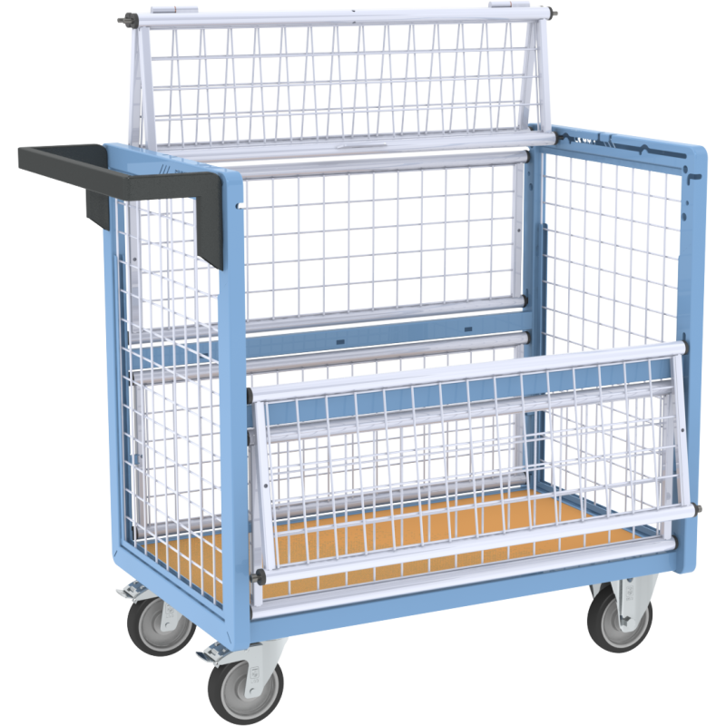 Chariot conteneur grillagé avec toit, 850 x 500 mm, 250 kg