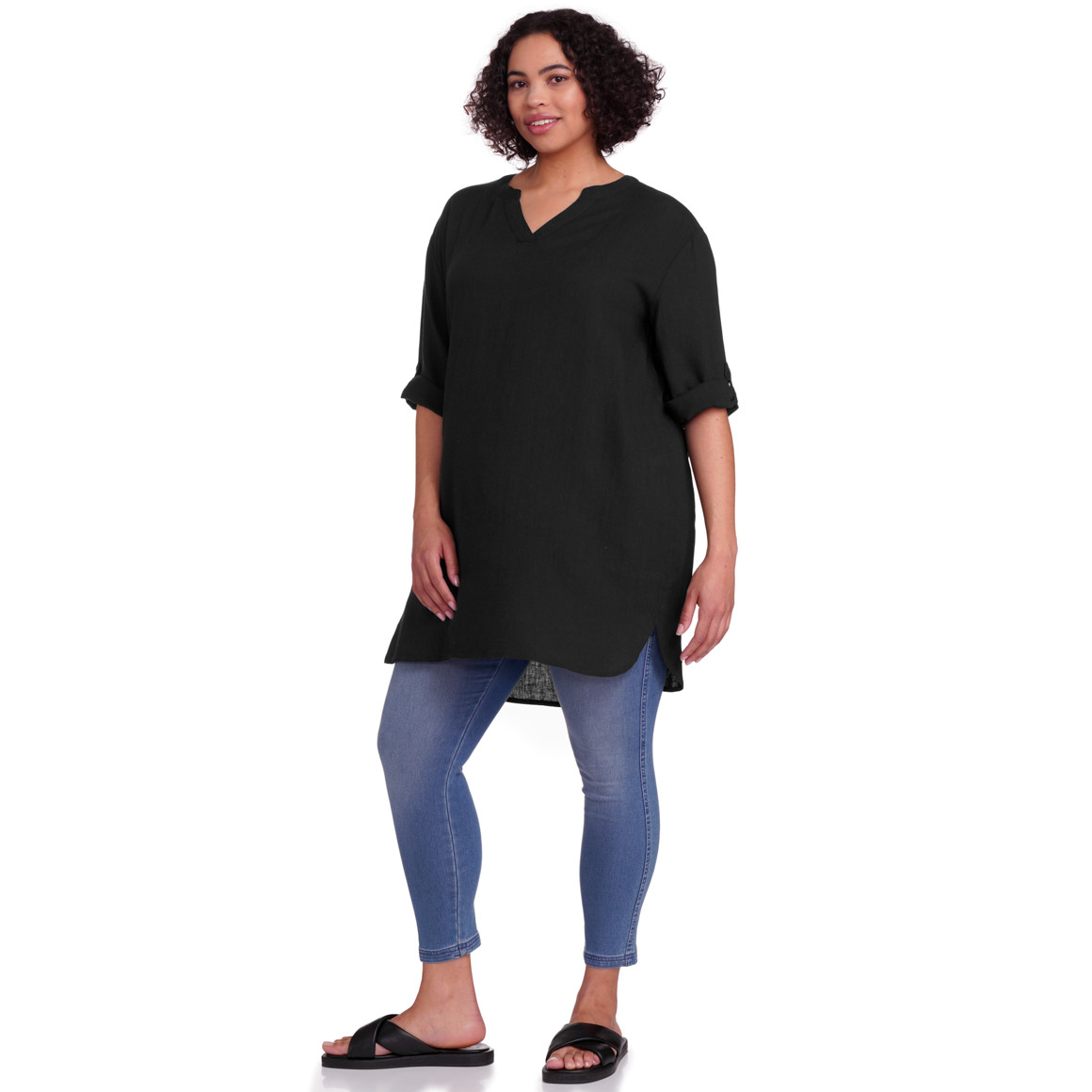 Gina Benotti Damen Leinen-Longbluse mit V-Ausschnitt schwarz