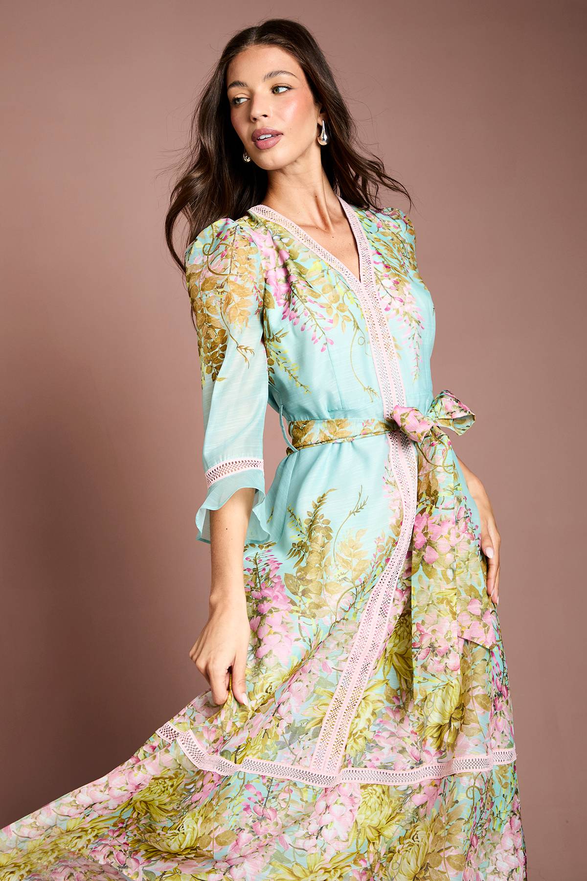 Coast Robe Midi À Manches 3/4 Avec Imprimé Placé Et Finitions En Dentelle