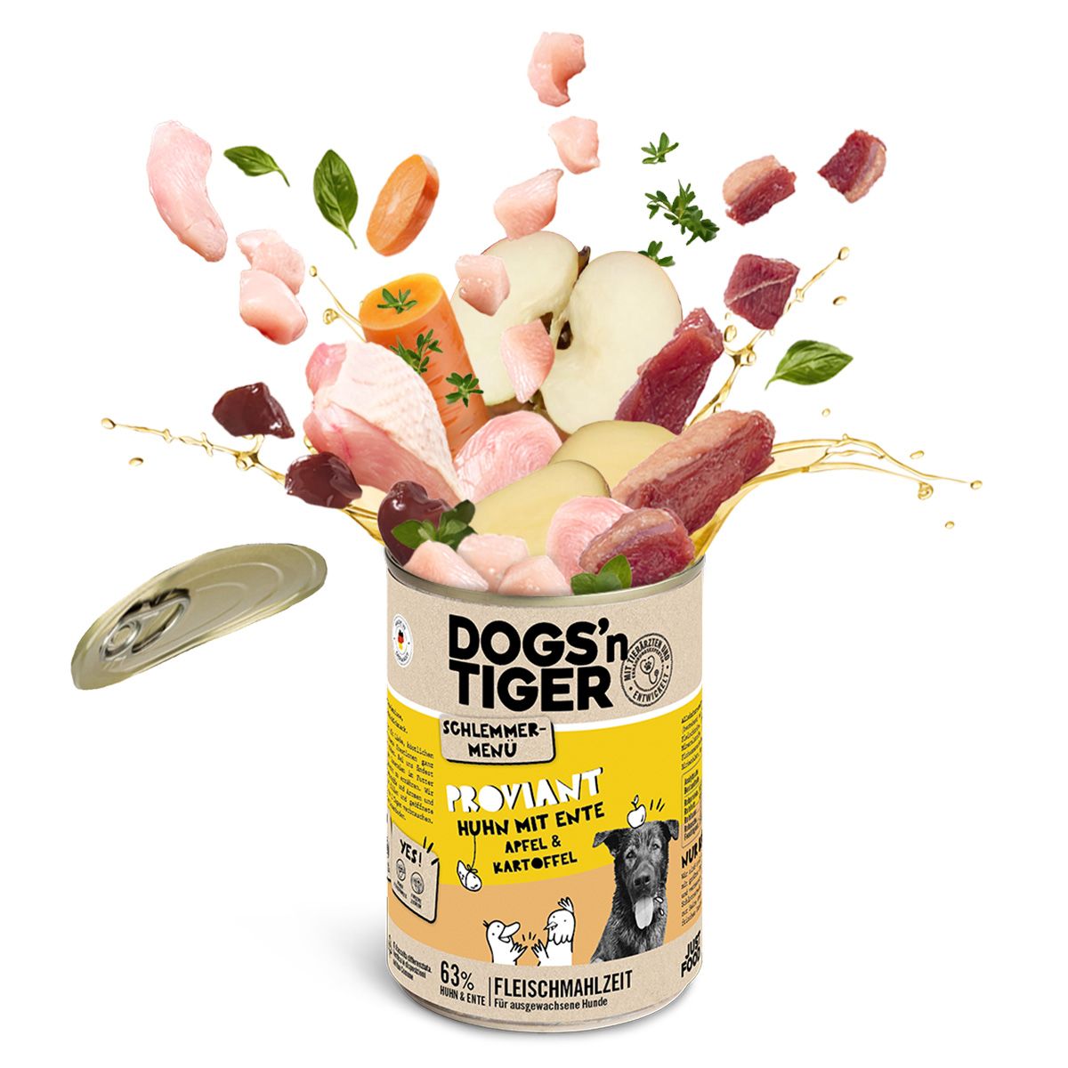 Dogs’n Tiger Adult Hundefutter, Proviant, Nassfutter, Getreidefrei, Huhn, Ente, Apfel & Kartoffel