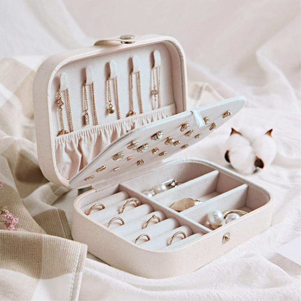 (16x11x5cm) Leder Schmuckschatulle Reise Aufbewahrungsbox Organizer für Ringe / Halskette / Ohrringe / Armbänder - Weiss