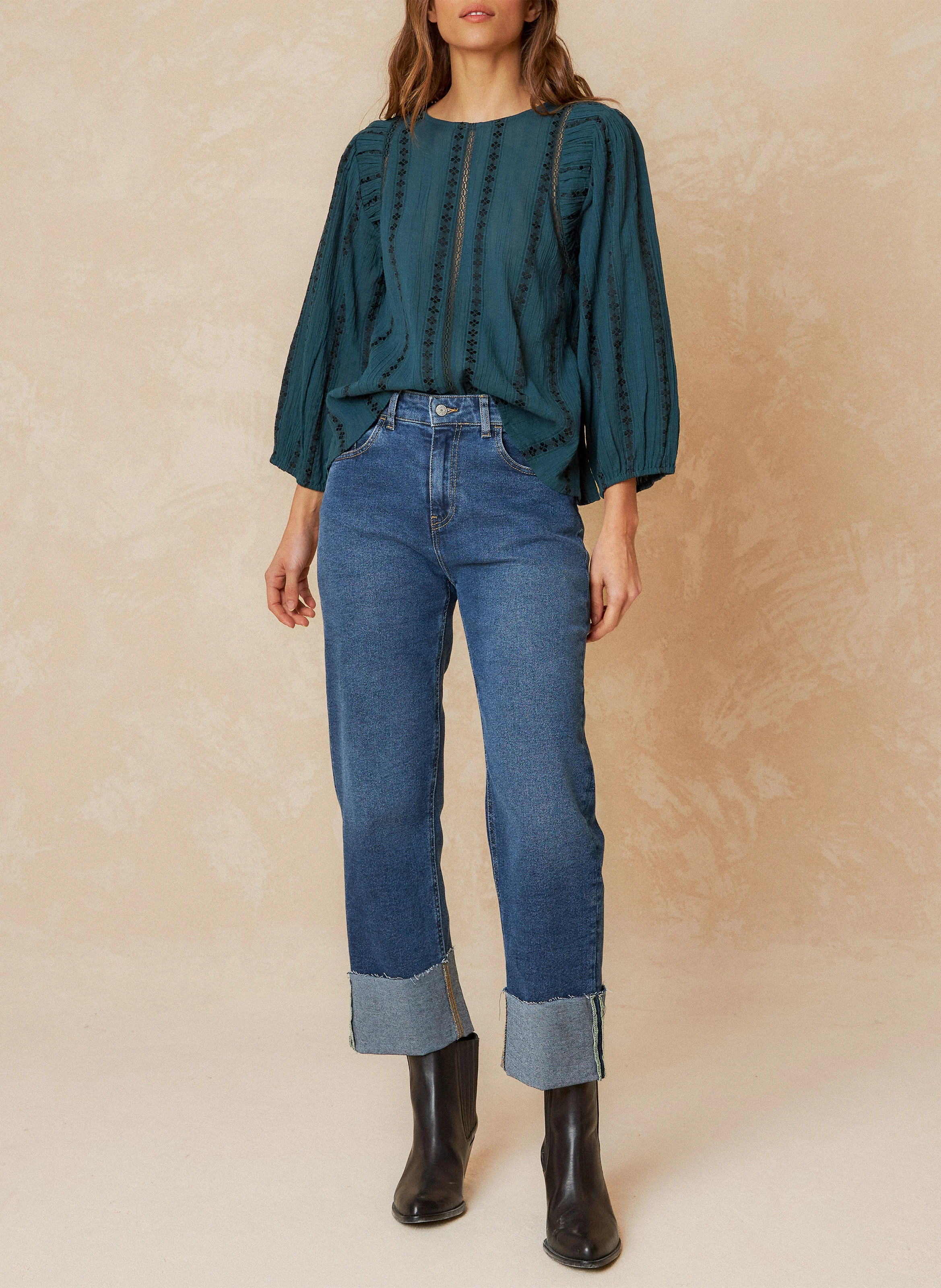 Top ample col rond jacquard en coton mélangé | Bleu