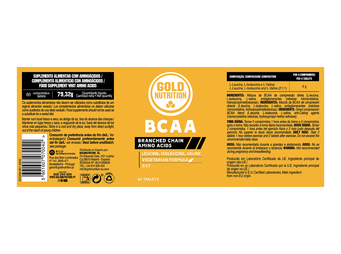 SUPLEMENTO GOLDNUTRITION BCAA'S 60 COMP