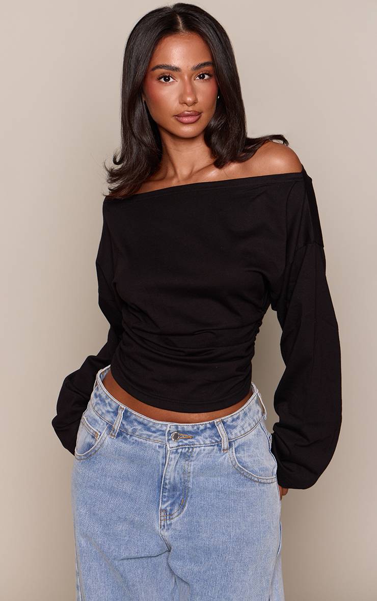 Noir T-shirt Petite En Coton Décolleté Avec Détail Froncé