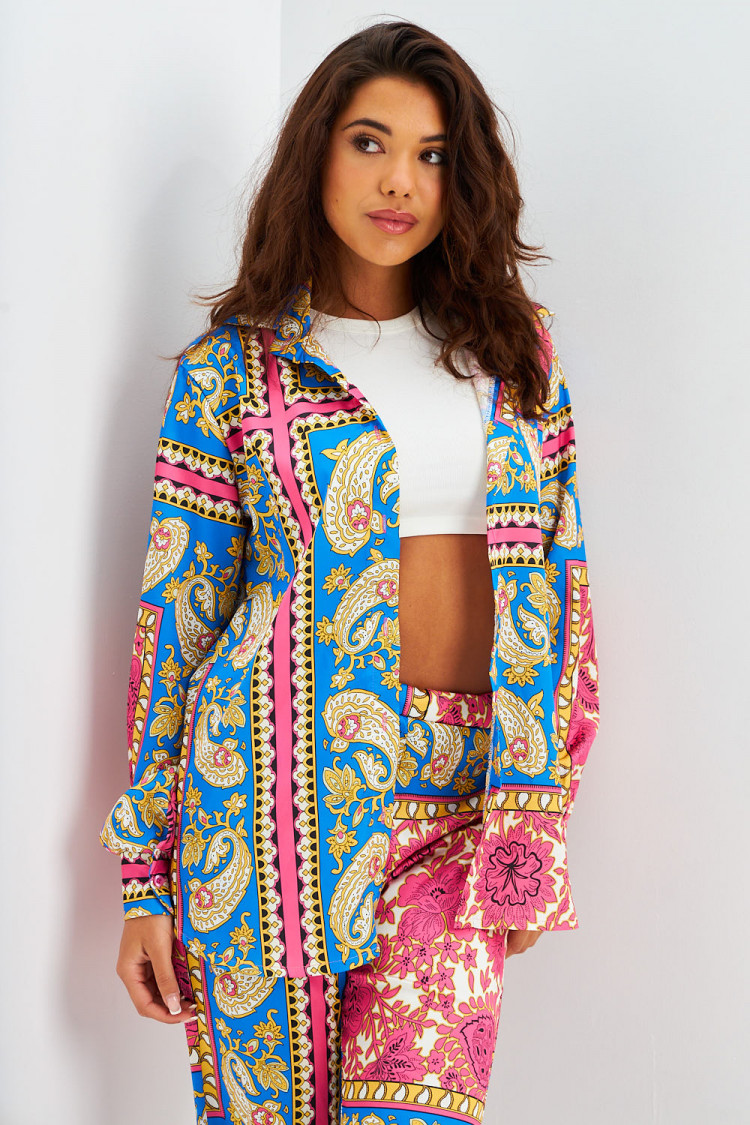Ensemble 2 pièces chemise + pantalon bleu/rose motif baroque et paisley