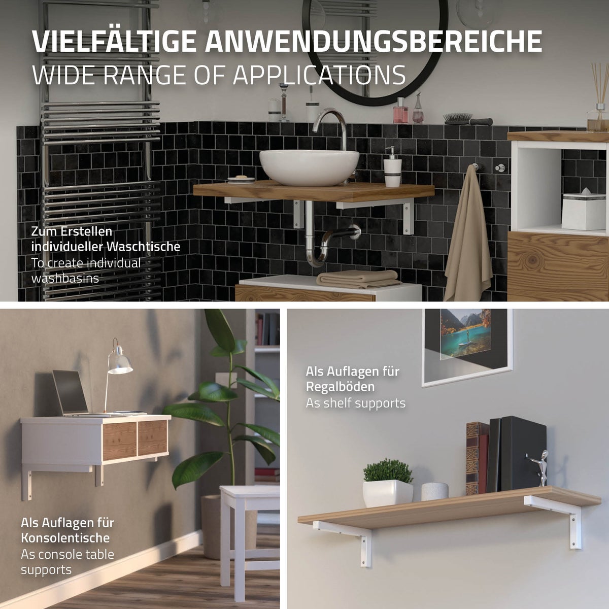 ML-Design 2-delige set L-vormige wandconsoles voor wastafels, 300x150 mm, wit, staal, design wastafelconsole, wandbevestiging voor wastafelblad, planchetconsole, planchethouder