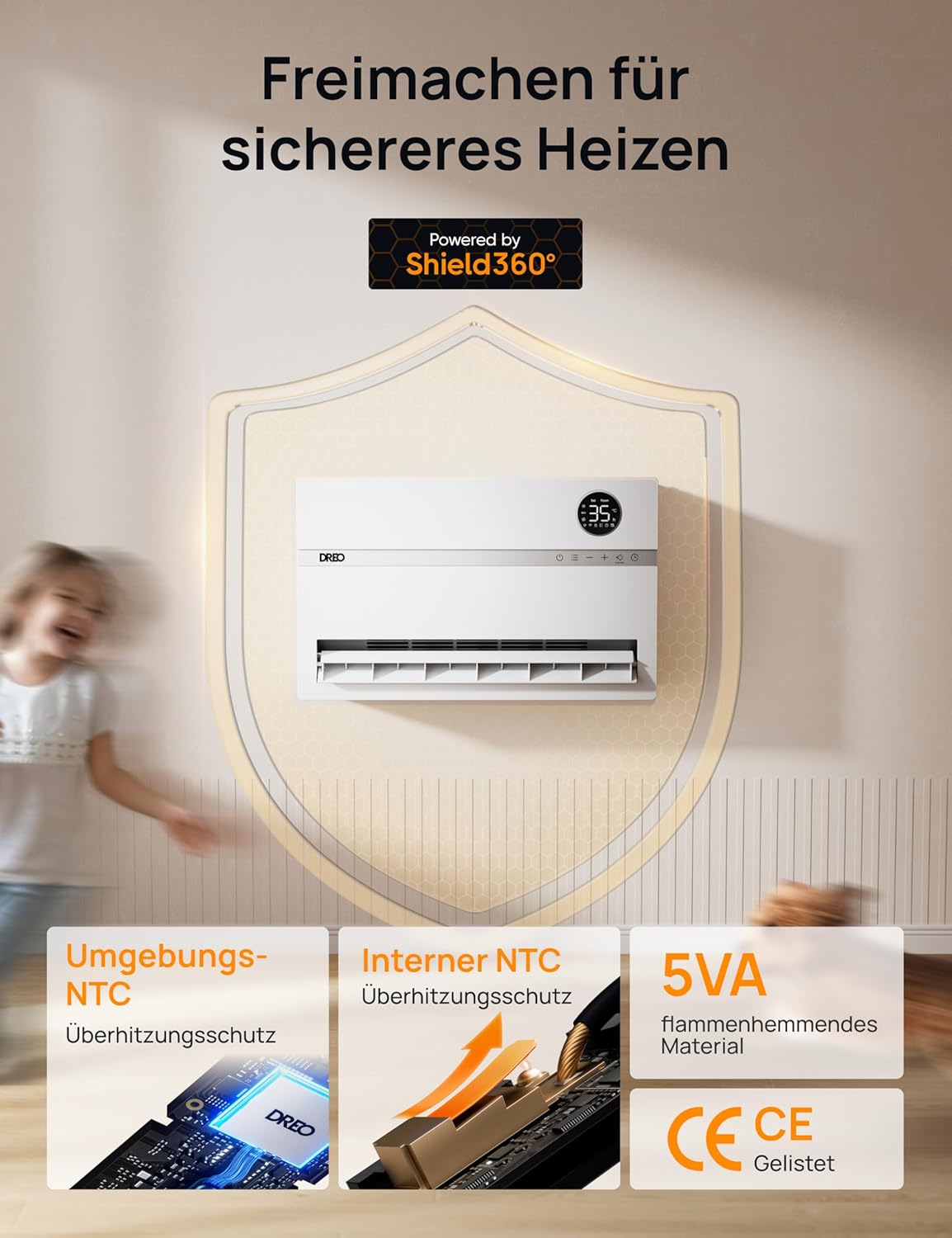 Dreo Smart Heizung Elektrisch, 2000W Elektroheizung Wandkonvektor mit Fernbedienung & App, 120° Oszillation, 5 Modus 3 Geschwindigkeit, 24H Timer, PTC Keramik Heizlüfter Energiesparend mit Thermostat