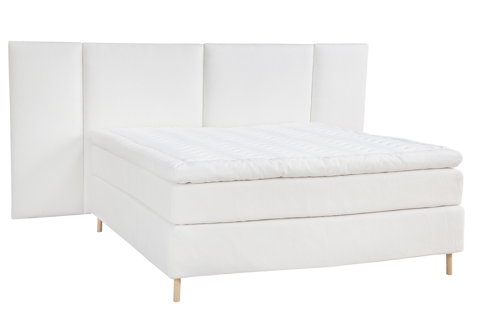 Premium LUX 200 kontinentalseng 180x210 cm i tekstil Bris 101 hvit med medium/fast fasthet, Premium LUX 200 overmadrass med tekstilkant og runde ben hvitoljet eik 15 cm