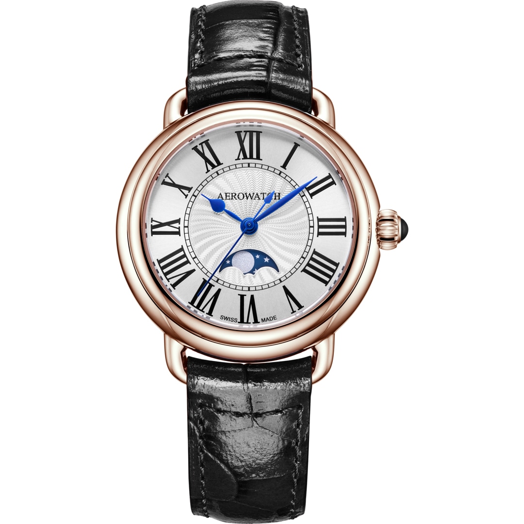 Aerowatch 1942 Lady Moon Phase Leder schwarz