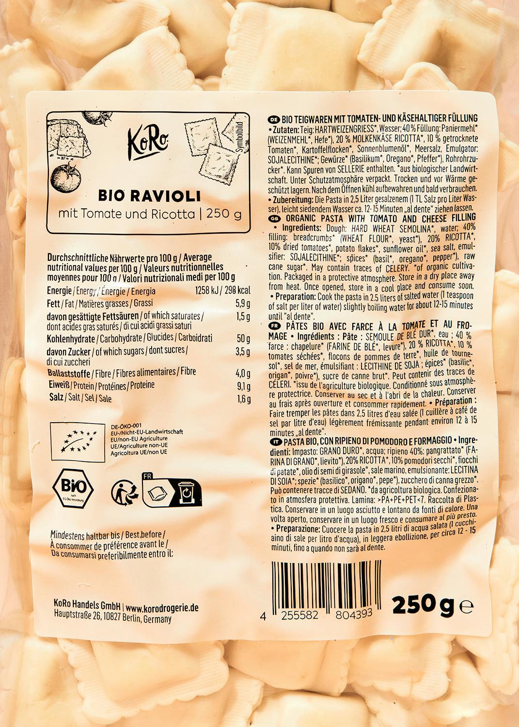 Bio Ravioli mit Tomate und Ricotta 250 g