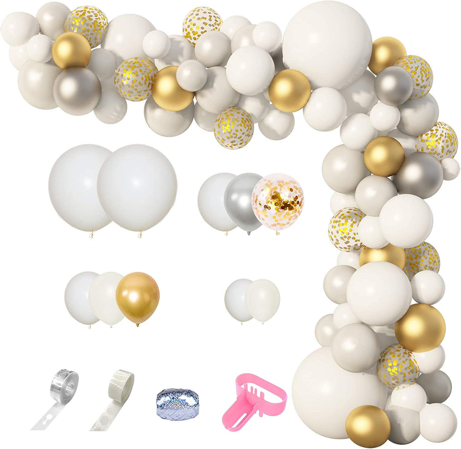 (137-tlg. Set) Party Ballons Luftballons mit Konfetti - Weiss / Grau / Gold