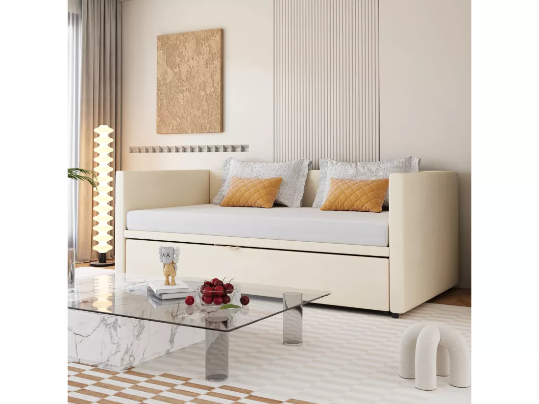 Lit gigogne 90 x 200 cm pour enfant - velours - style contemporain - coloris beige