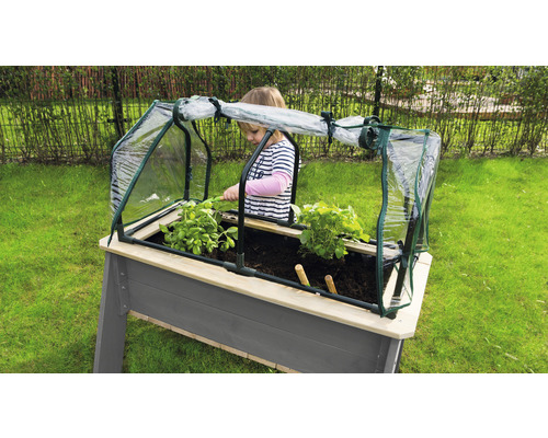 Kinder verhoogd tuinbed op palen EXIT Aksent hout maat L met deksel, tuingereedschap 93,5x68x50 cm grijs