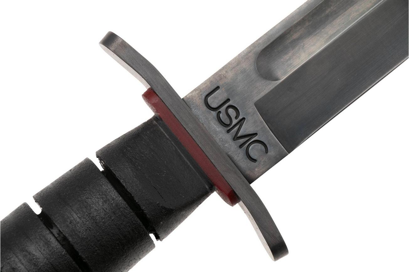 KA-BAR State & Union USMC Red Spacer SU6417, Gun Blued 1095CV, Stacked Leather, vaststaand mes