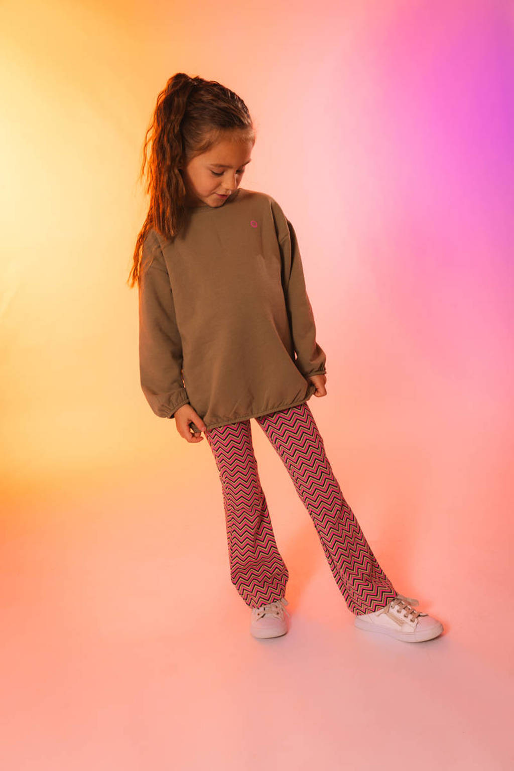 Quapi flared fit broek ZUZE met all over print roze/beige/antraciet