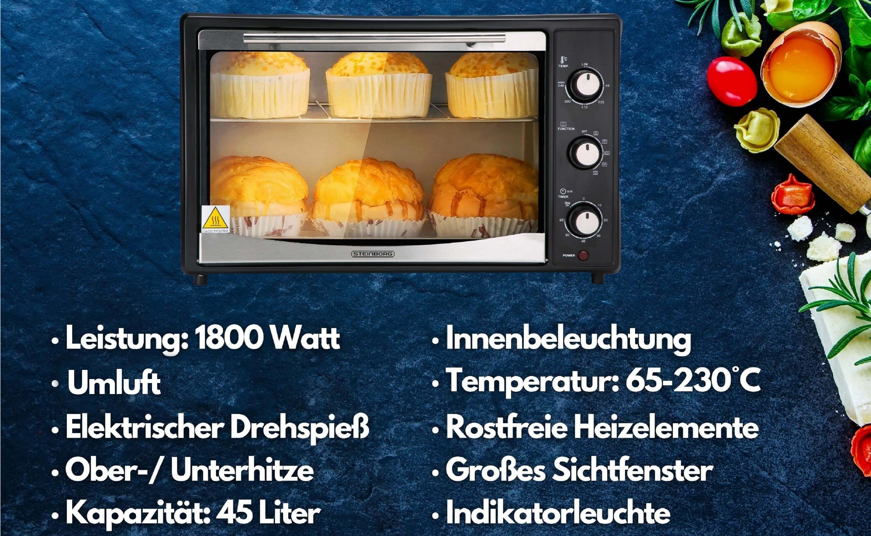 Steinborg Minibackofen Pizzaofen 45L mit Umluft 1800W schwarz