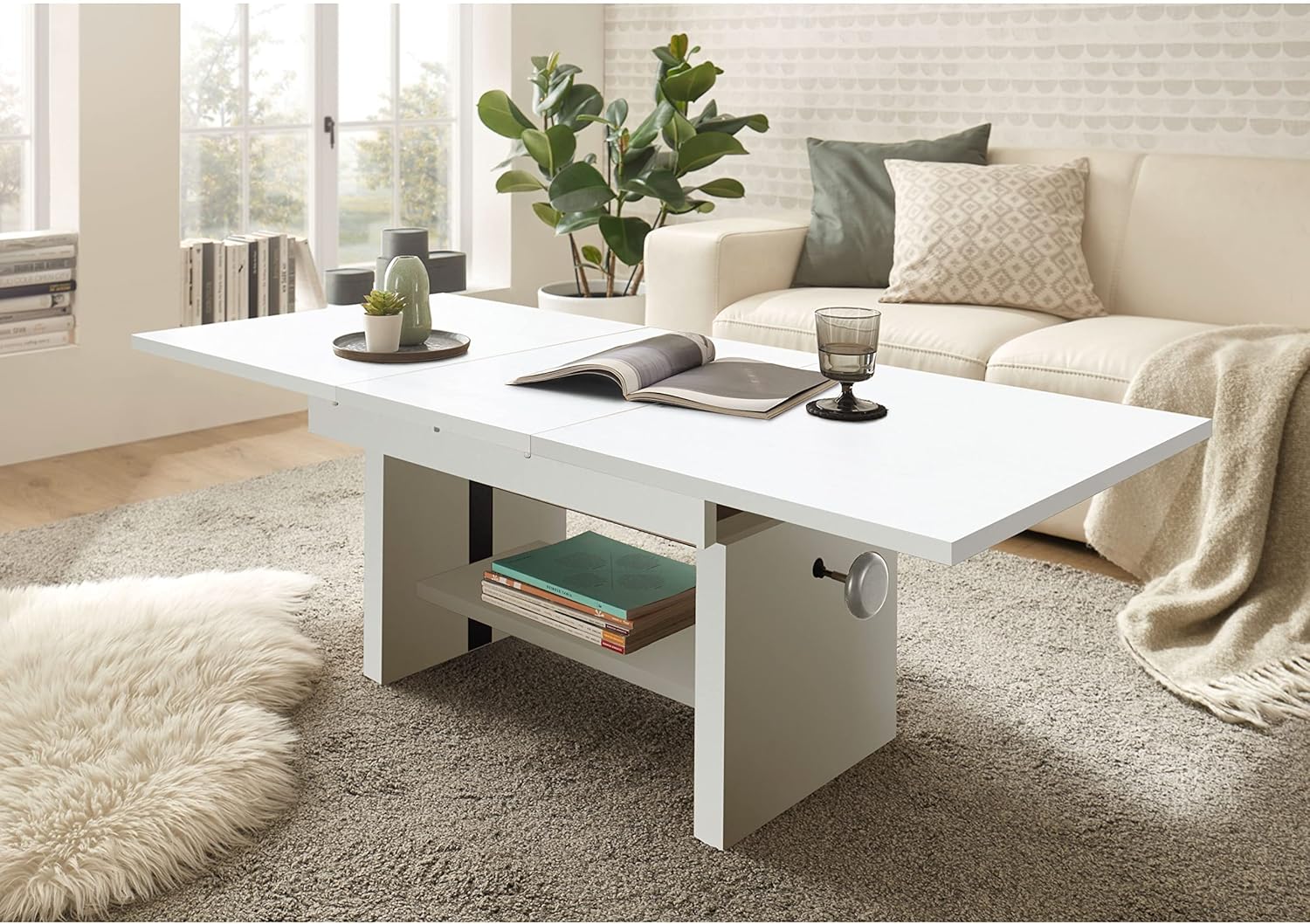 EVENT Couchtisch höhenverstellbar & ausziehbar in Weiß - praktischer Sofatisch mit Ablage für Ihren Wohnbereich - 110 x 48 x 65 cm (B/H/T)