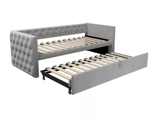 Lit gigogne Lit adulte Lit banquette 90 x 200 avec Sommier à lattes Lit d'invité Velours Gris clair