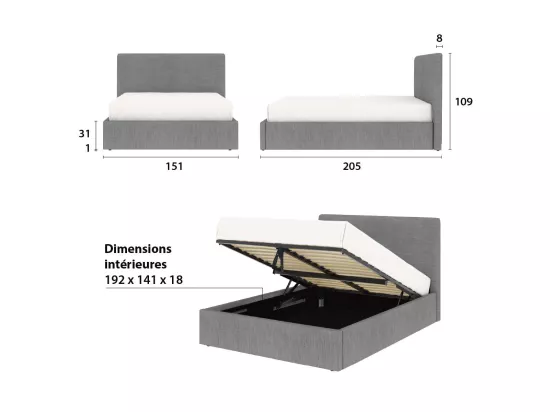 Lit adulte avec tête de lit et coffre de rangement – couchage 140x190 cm – tissu gris - sommier inclus - ANDY