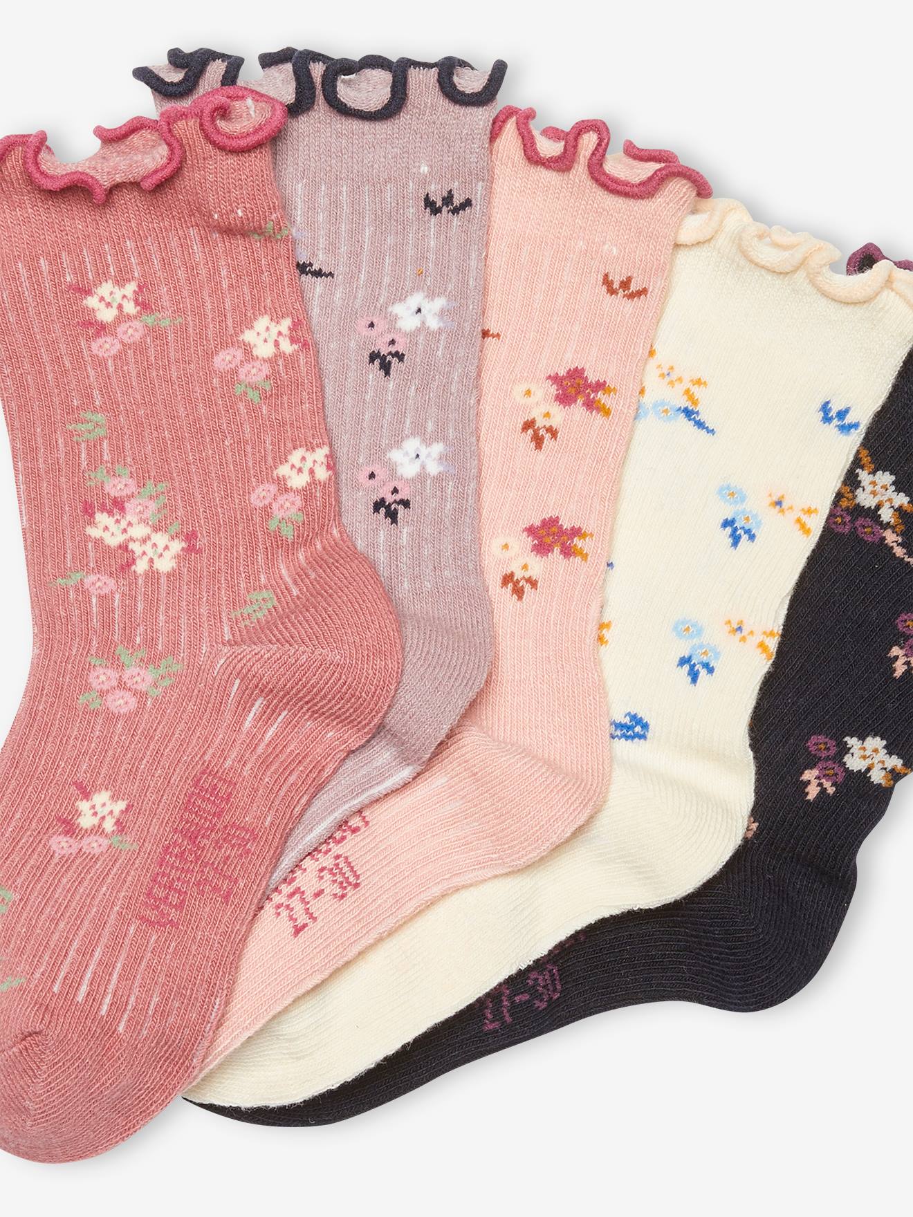 Pacote com 5 pares de meias florais com babados, azul-escuro bicolor/multicoloridas para meninas.