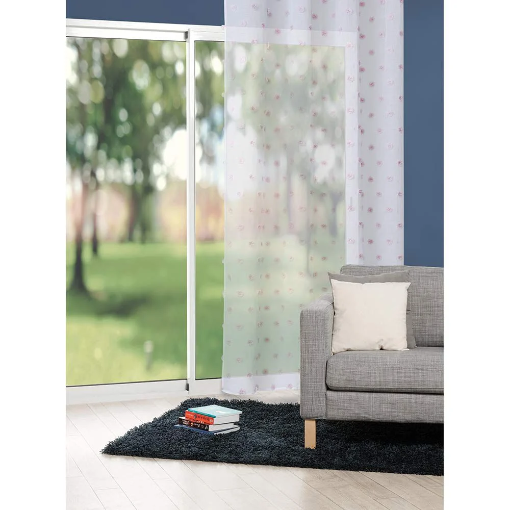 Voilage à oeillets blanc décor pompons rose 140x240 cm