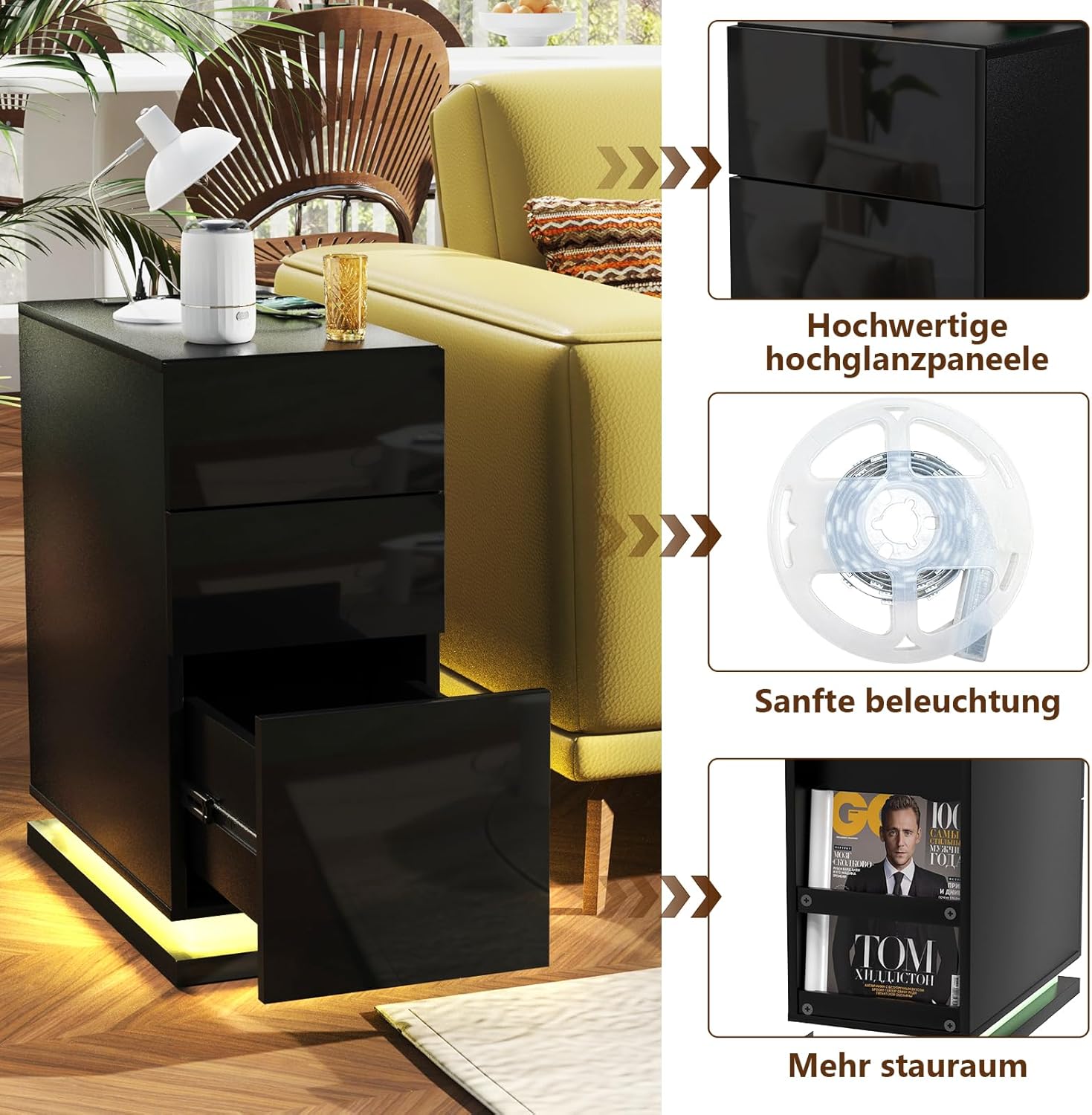 Nachttisch Schmal mit LED, Schwarz Nachtschrank mit Steckdose und USB-Anschlüsse, Nachttisch mit 16 Einstellbar LED, Nachttische Hochglanz Front, Schmaler Nachttisch 50x30x63cm