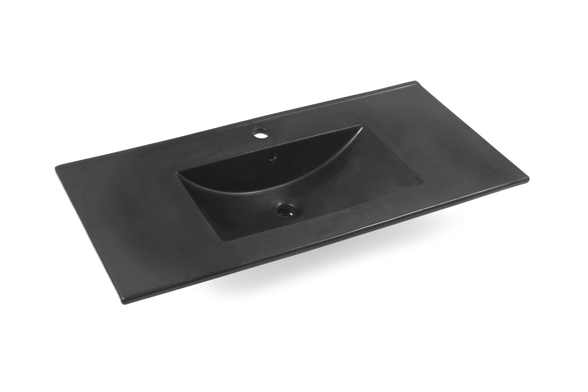 Fontana Lento wit badkamermeubel ribbelfront met zwarte wastafel 100cm 1 kraangat en ronde spiegel