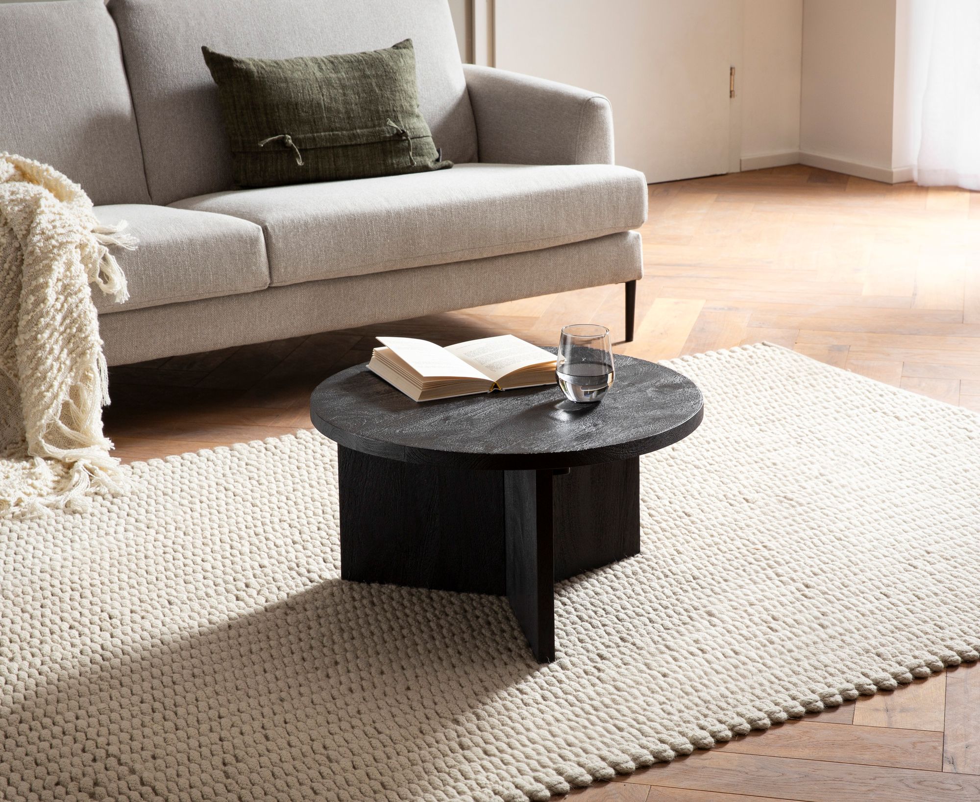 Couchtisch FineBuy Sofatisch Massivholz Schwarz 60x60x33cm Wohnzimmertisch Rund