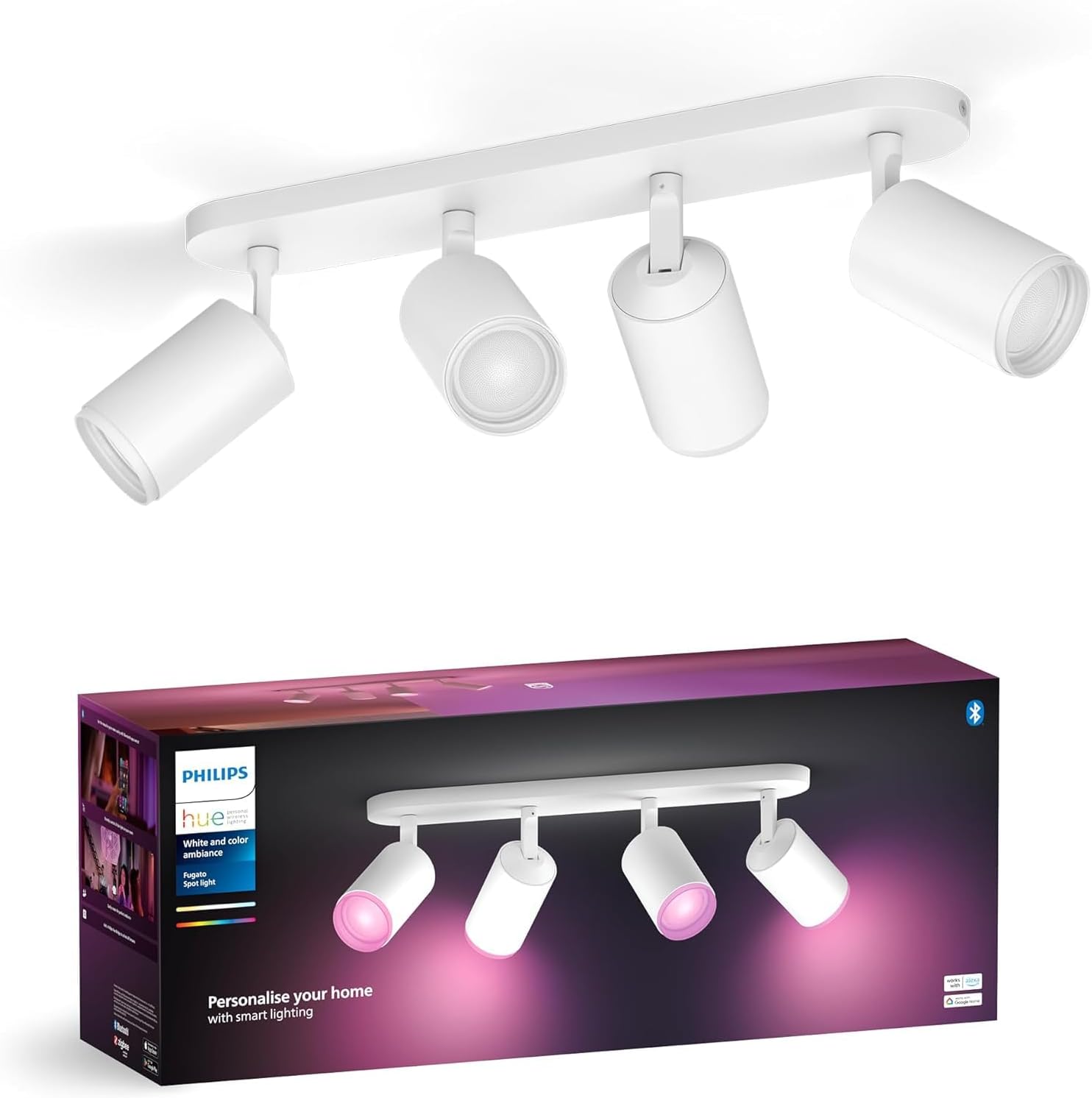 Philips Hue White & Color Ambiance Fugato Spot 4 flg. weiß 4x350lm, dimmbar, 16 Mio. Farben, steuerbar via App, kompatibel mit Amazon Alexa