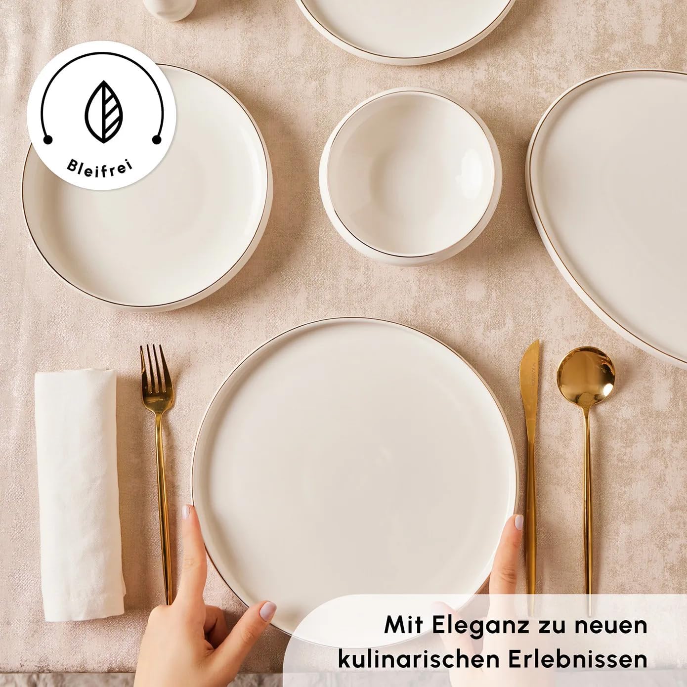 Karaca New Saturn Gold 59-Teiliges Streamline Porzellan Geschirrset für 12 Personen Set-Porzellan Geschirr set Servierteller aus Porzellan,Neuer Knochen
