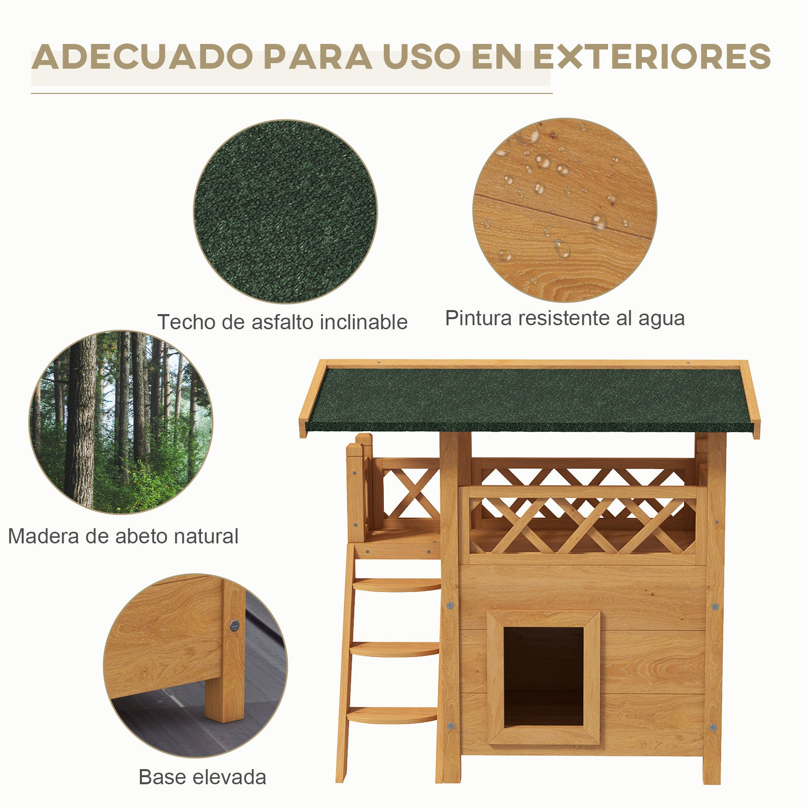 Casinha de madeira para gatos PawHut, 77x50x73 cm, 2 andares, com telhado de asfalto, escada e varanda para uso externo, na cor natural.