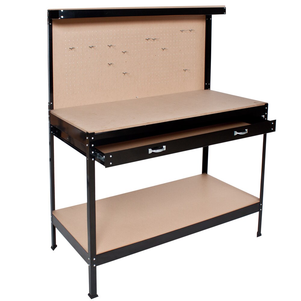 tectake® Werkbank, mit Lochwand, 12 Haken, 120 x 60 x 156 cm, Kunststoffkappen an den Füßen
