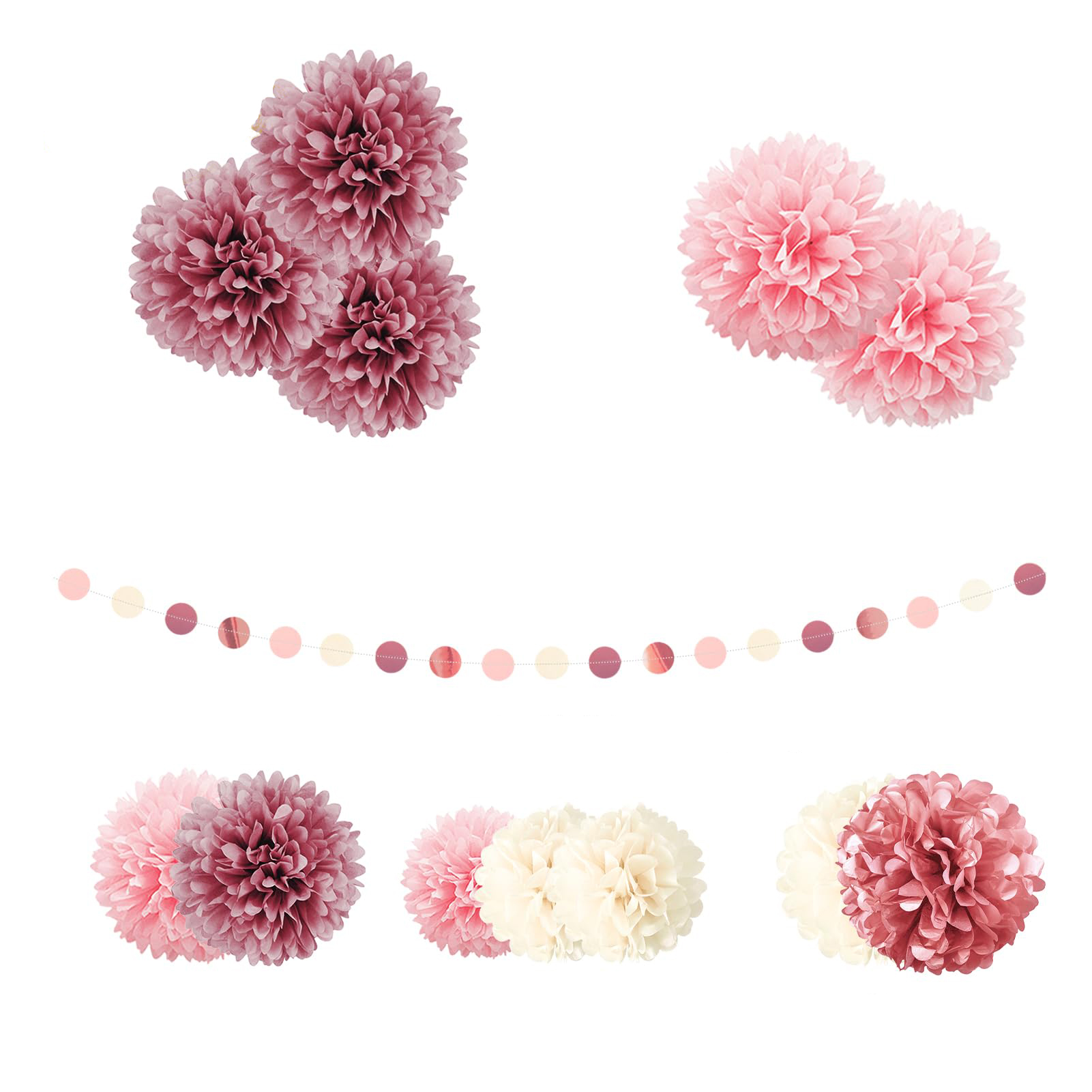 (15-tlg. Set) Papier Pompon's Deko Kreis Girlande Party / Geburtstag / Hochzeit - Roségold / Pink / Beige