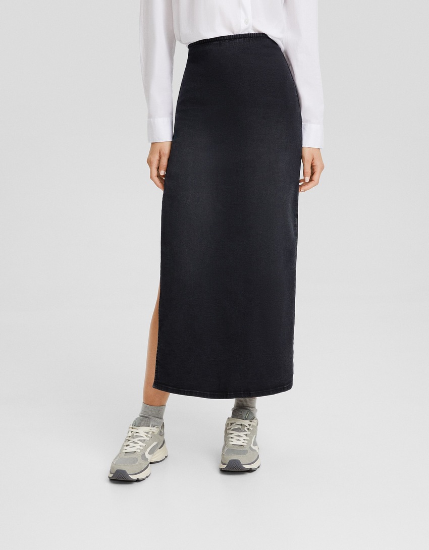 Saia midi confortável em jeans