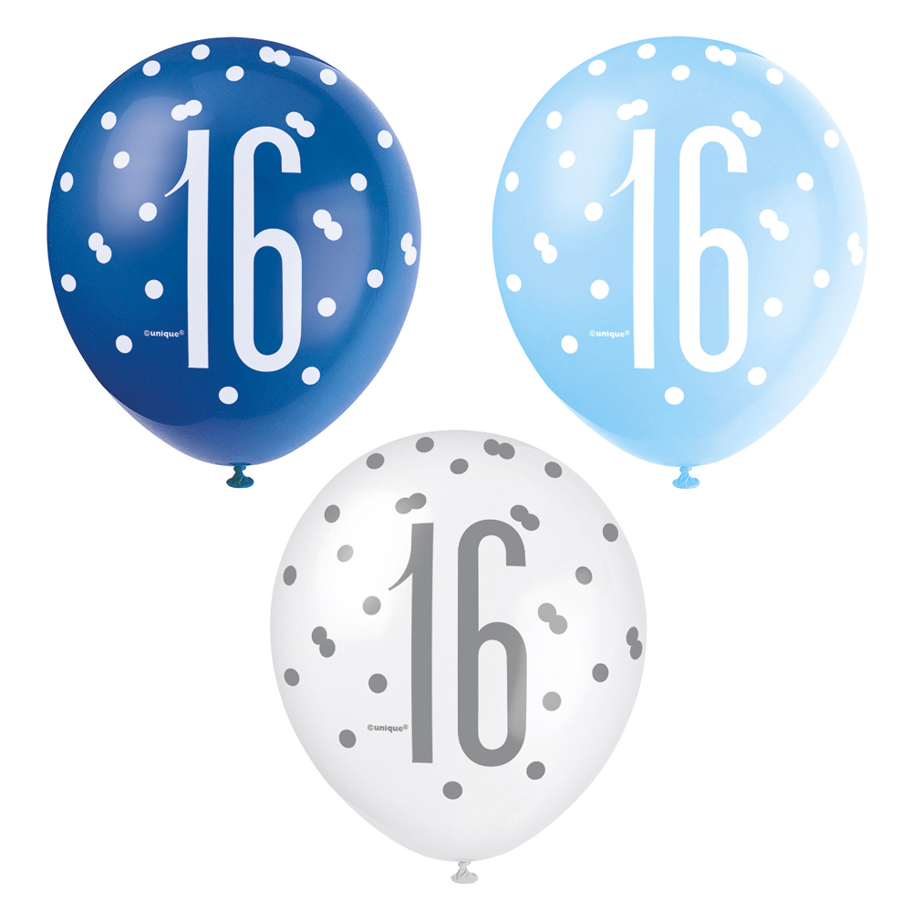 Ballonnen 16 Jaar Stippen Blauw 30cm 6st