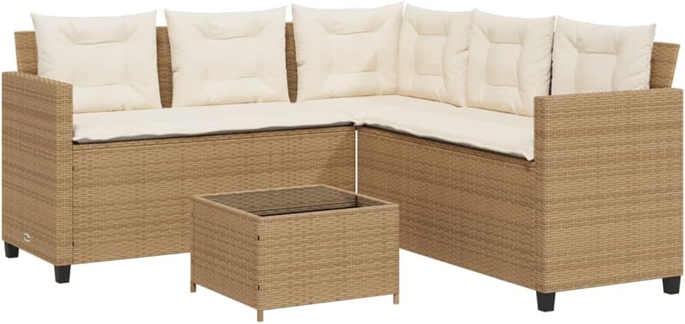 vidaXL Gartensofa in L-Form, Ecksofa mit Tisch Kissen, Lounge Set für Garten Terrasse, Sofa Garnitur Gartenmöbel, Beige Poly Rattan