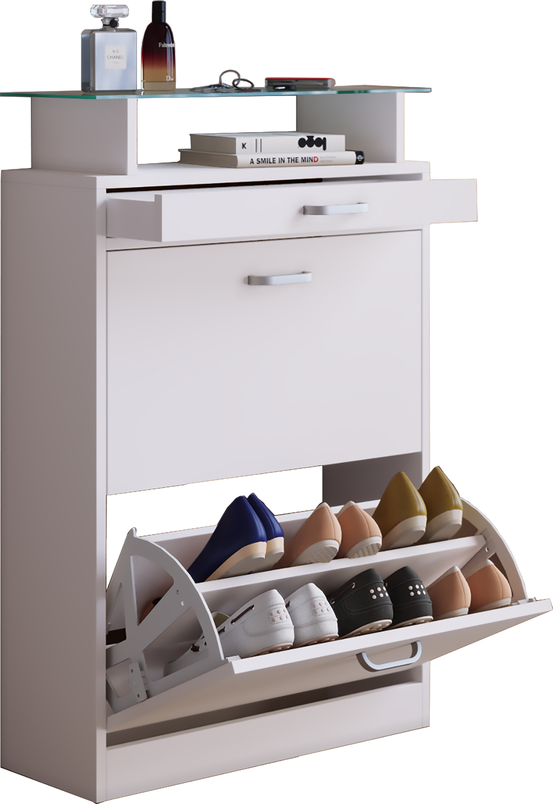 Schuhschrank BRASO - weiß - 2 Kipptüren - 59 cm