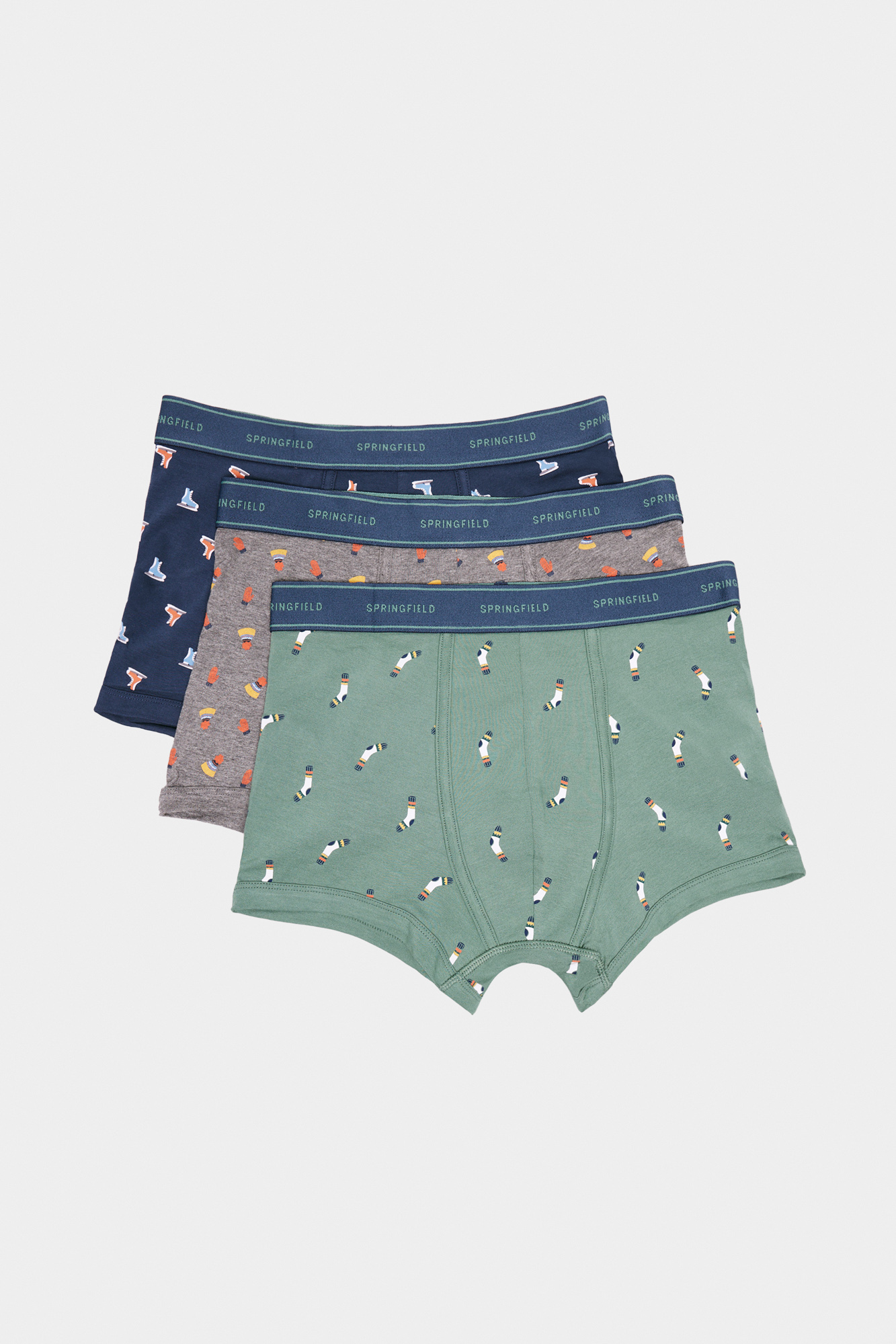 Conjunto de 3 cuecas boxer de algodão com estampa de inverno.